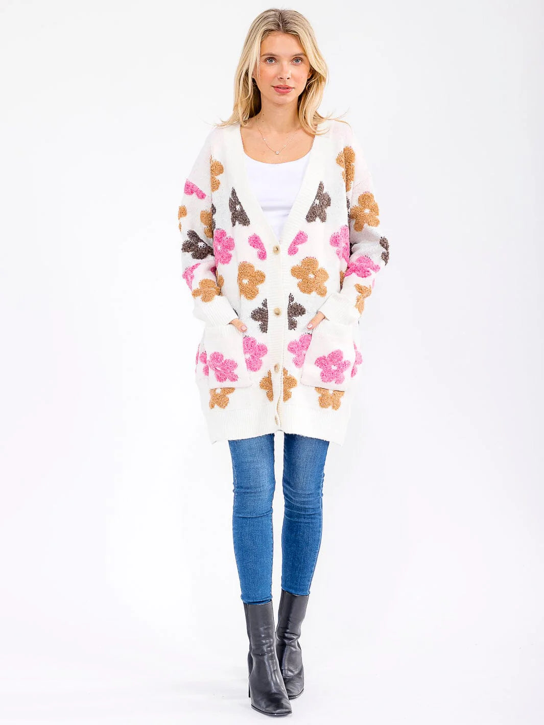 Womens Long Sleeve Button Closure Floral Print Cardigan