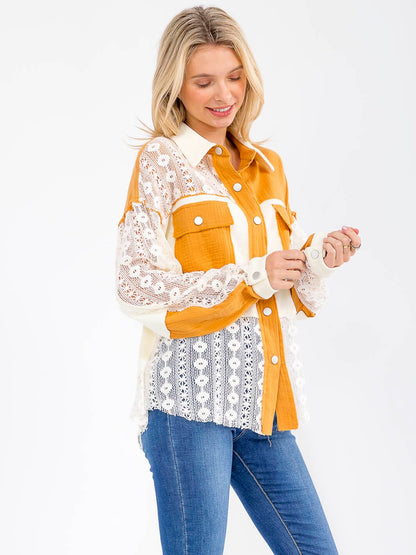 Womens Long Sleeve Button Up Colorblock Crochet Blouse