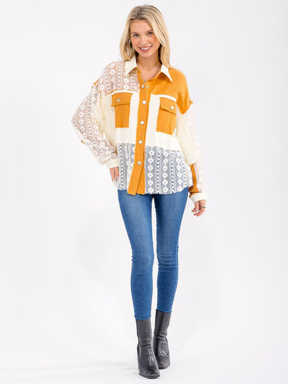 Womens Long Sleeve Button Up Colorblock Crochet Blouse