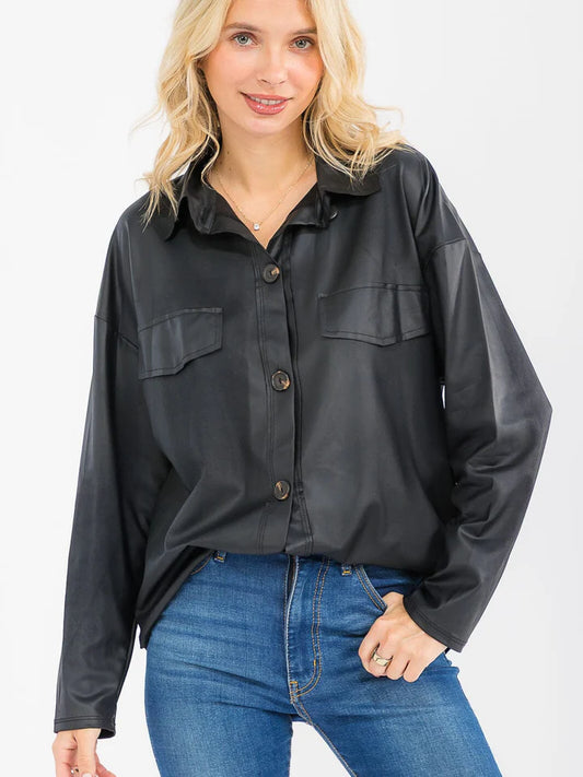 Women's Long Sleeve Button Up PU Pleather Top