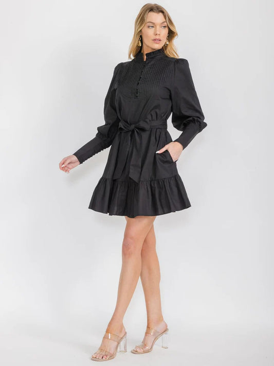 Women's Long Sleeve Button Up Self Tie Pockets Tiered Mini Dress