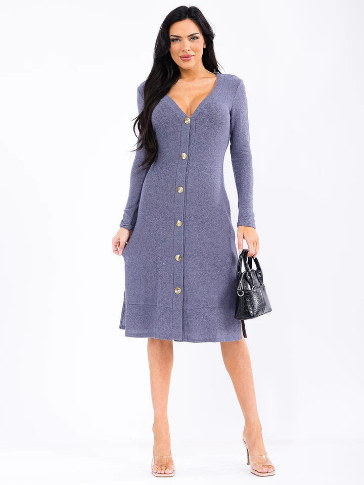 Women's Long Sleeve Button Up Side Slit Midi Dress in Navy