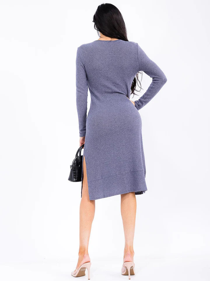 Women's Long Sleeve Button Up Side Slit Midi Dress in Navy