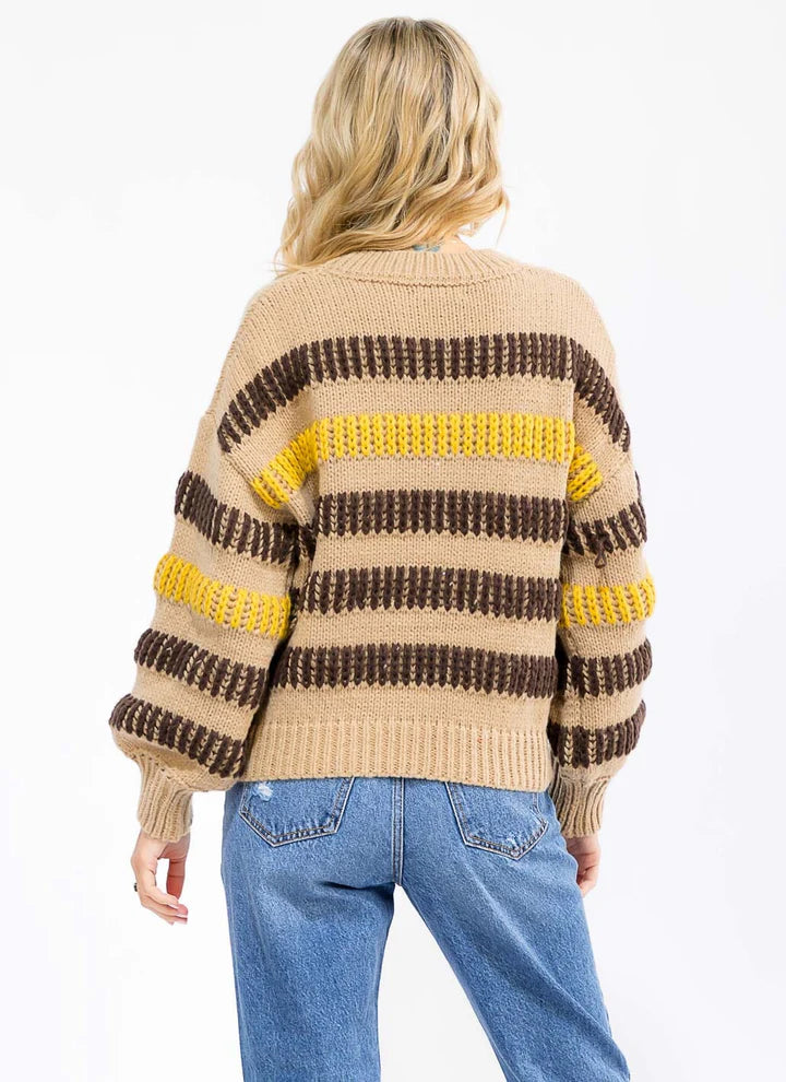 Women's Long Sleeve Colorblock Stripes Knit Pullover Sweater