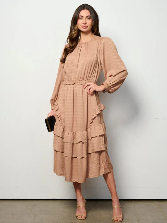 Women's Long Sleeve Elastic Waist Tiered Printed Maxi Dress