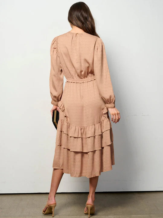 Women's Long Sleeve Elastic Waist Tiered Printed Maxi Dress