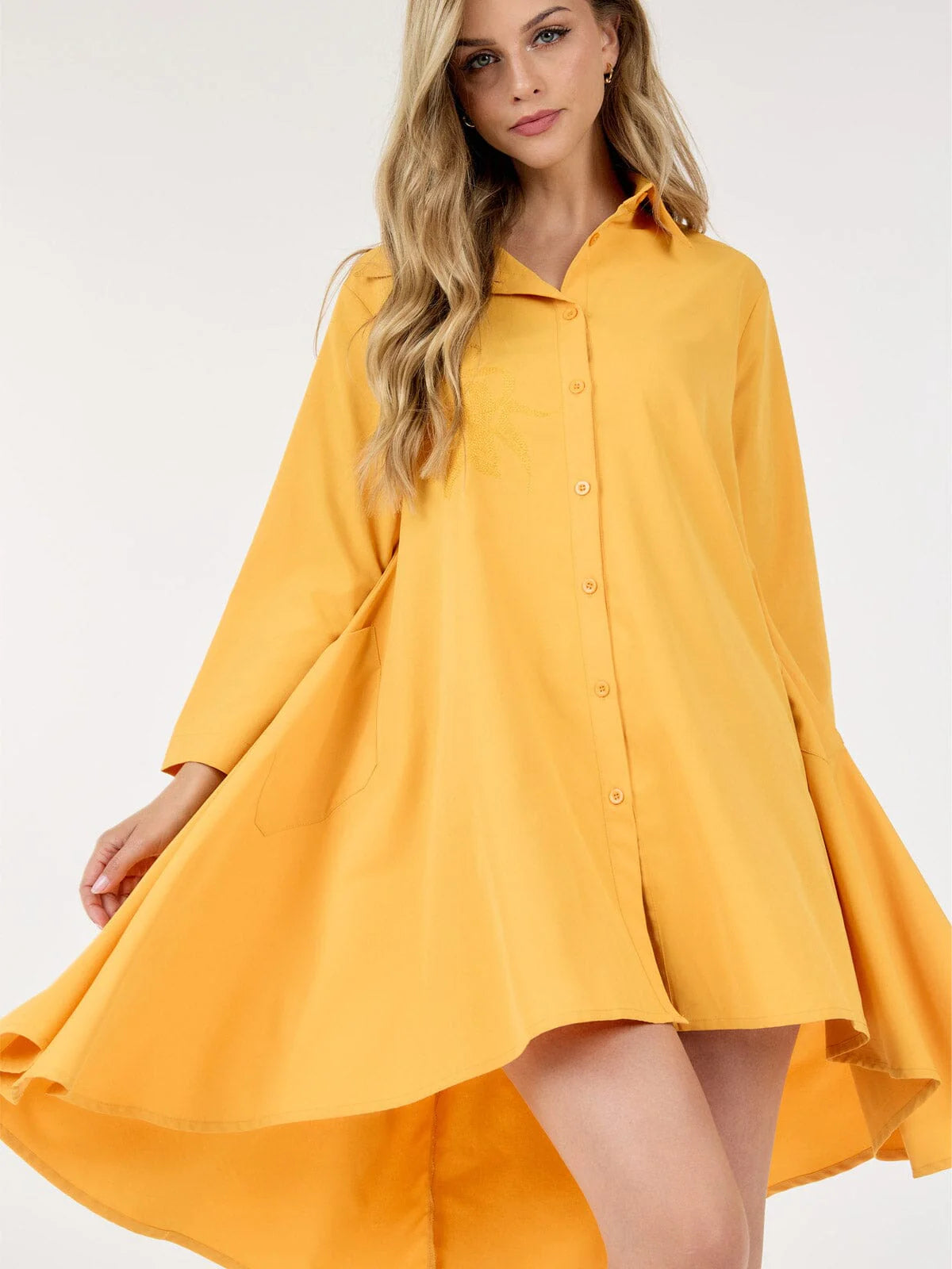 Women's Long Sleeve High Low Pockets Embroidery Detailed Mini Dress