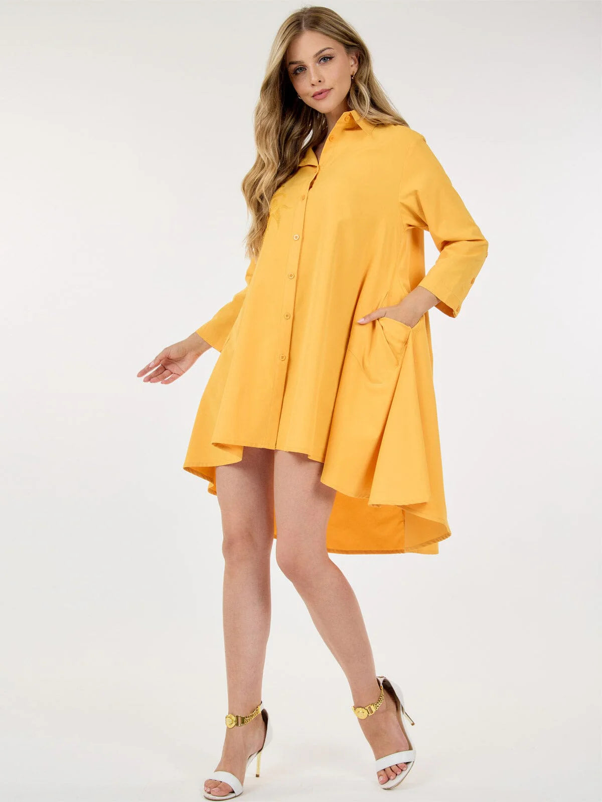 Women's Long Sleeve High Low Pockets Embroidery Detailed Mini Dress