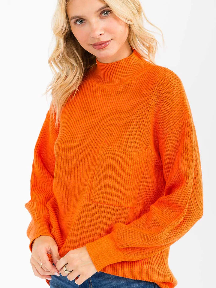 Women's Long Sleeve Mock Neck Front Pocket Knit Pullover Sweater