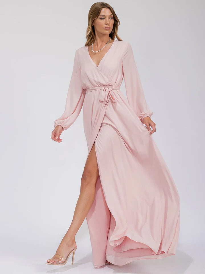 Women's Long Sleeve Surplice Self Tie Open Back Maxi Gown Dress