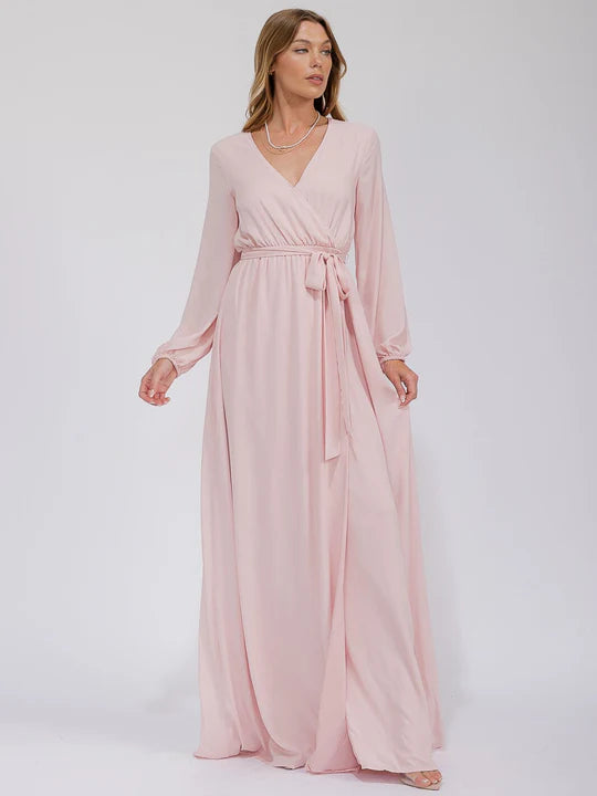Women's Long Sleeve Surplice Self Tie Open Back Maxi Gown Dress