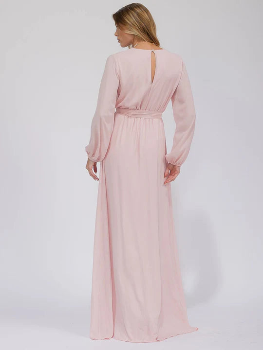 Women's Long Sleeve Surplice Self Tie Open Back Maxi Gown Dress