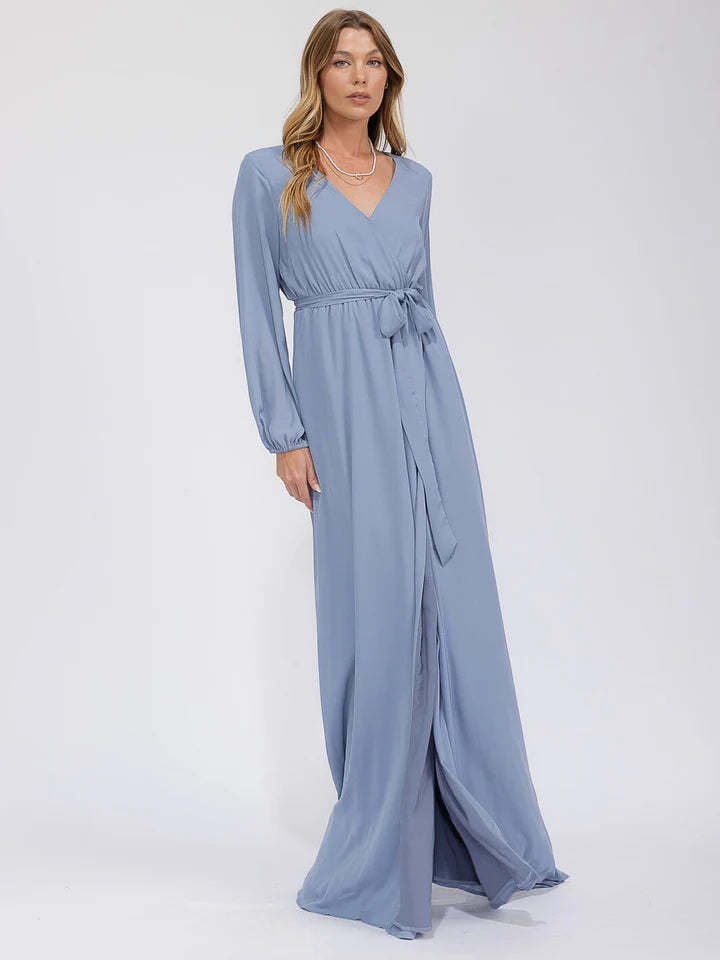 Women's Long Sleeve Surplice Self Tie Open Back Maxi Gown Dress