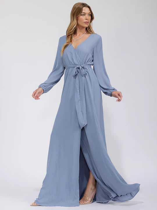 Women's Long Sleeve Surplice Self Tie Open Back Maxi Gown Dress