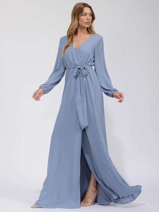 Women's Long Sleeve Surplice Self Tie Open Back Maxi Gown Dress