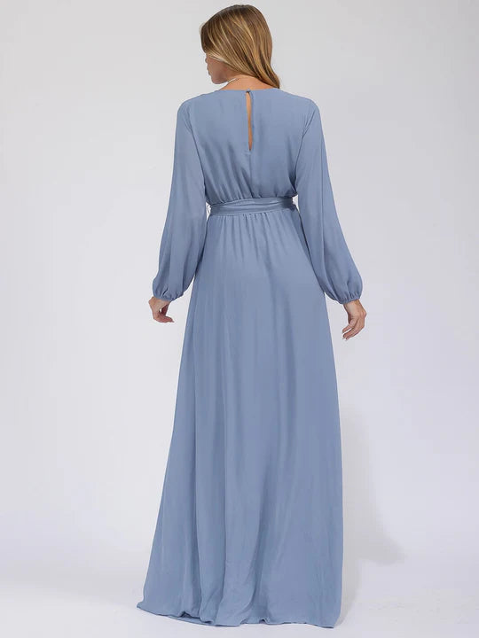 Women's Long Sleeve Surplice Self Tie Open Back Maxi Gown Dress