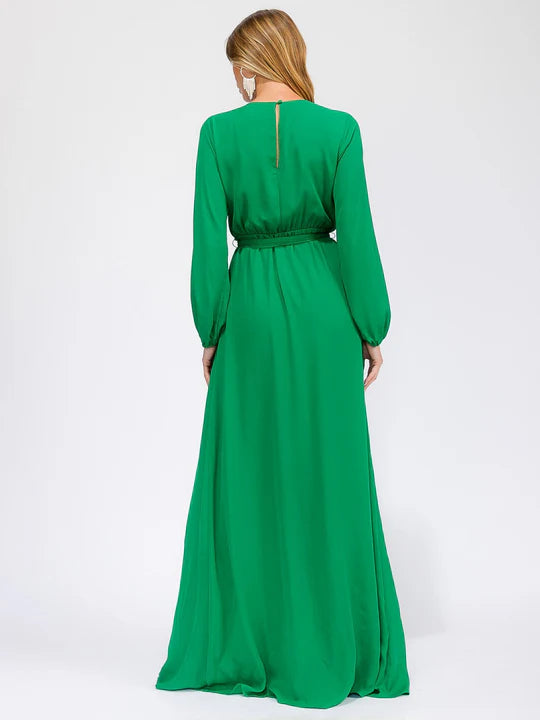 Women's Long Sleeve Surplice Self Tie Open Back Maxi Gown Dress