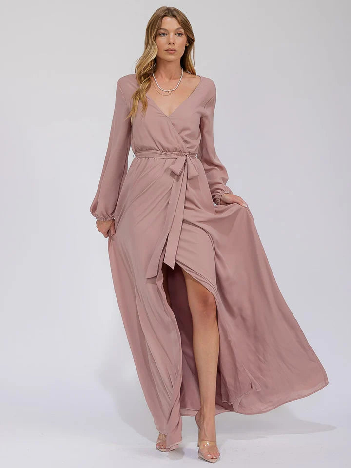 Women's Long Sleeve Surplice Self Tie Open Back Maxi Gown Dress