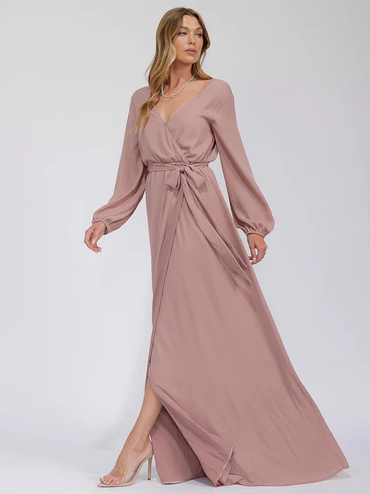 Women's Long Sleeve Surplice Self Tie Open Back Maxi Gown Dress