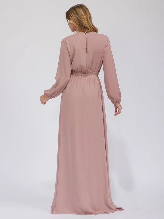 Women's Long Sleeve Surplice Self Tie Open Back Maxi Gown Dress