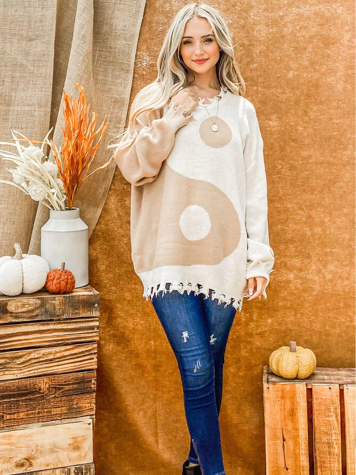 Women's Long Sleeve Trim Detailed Colorblock Pullover Sweater