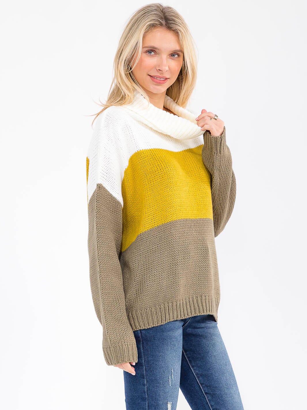 Womens Long Sleeve Turtleneck Knit Colorblock Pullover Swe