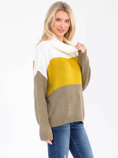 Womens Long Sleeve Turtleneck Knit Colorblock Pullover Swe