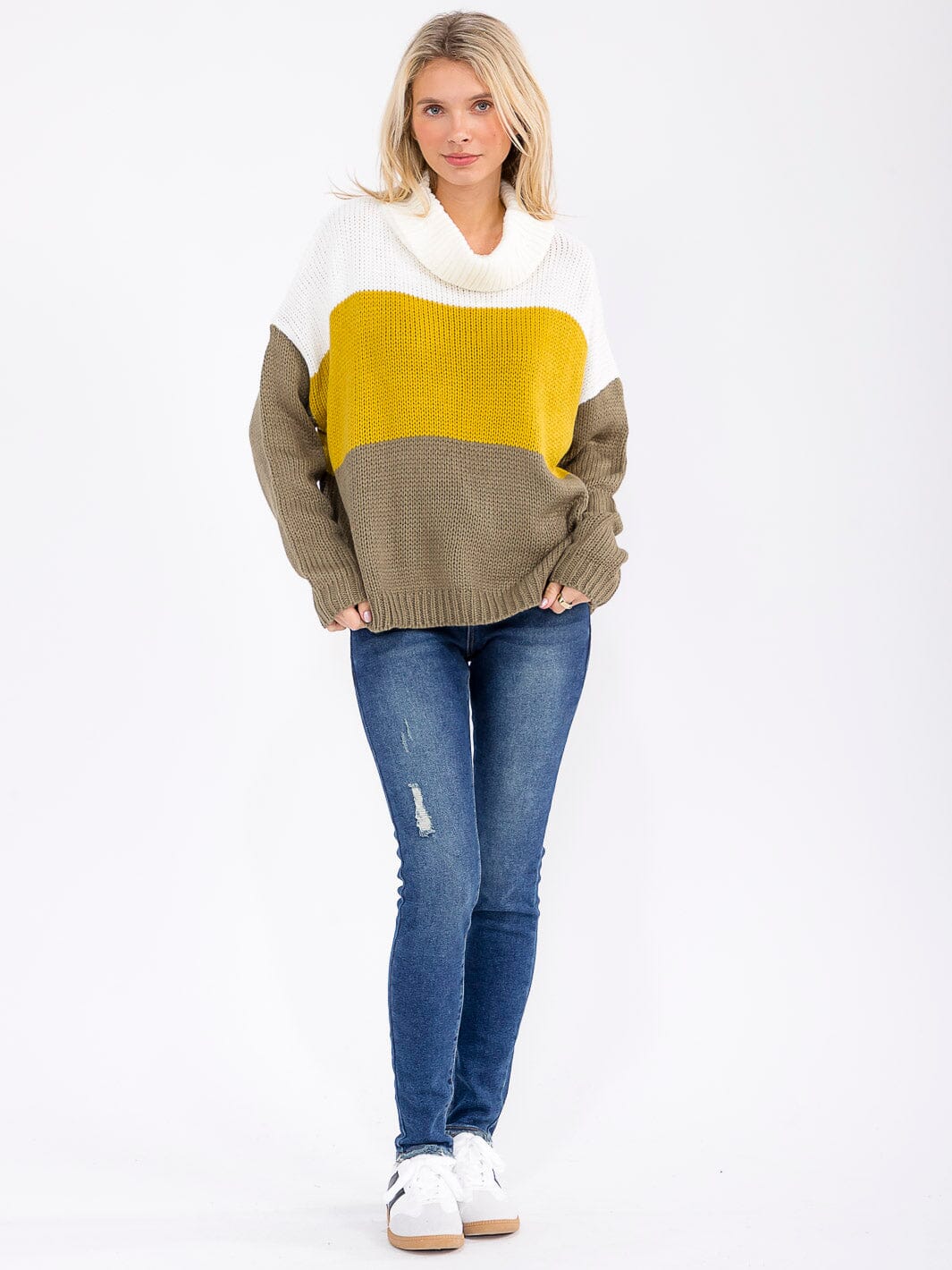 Womens Long Sleeve Turtleneck Knit Colorblock Pullover Swe