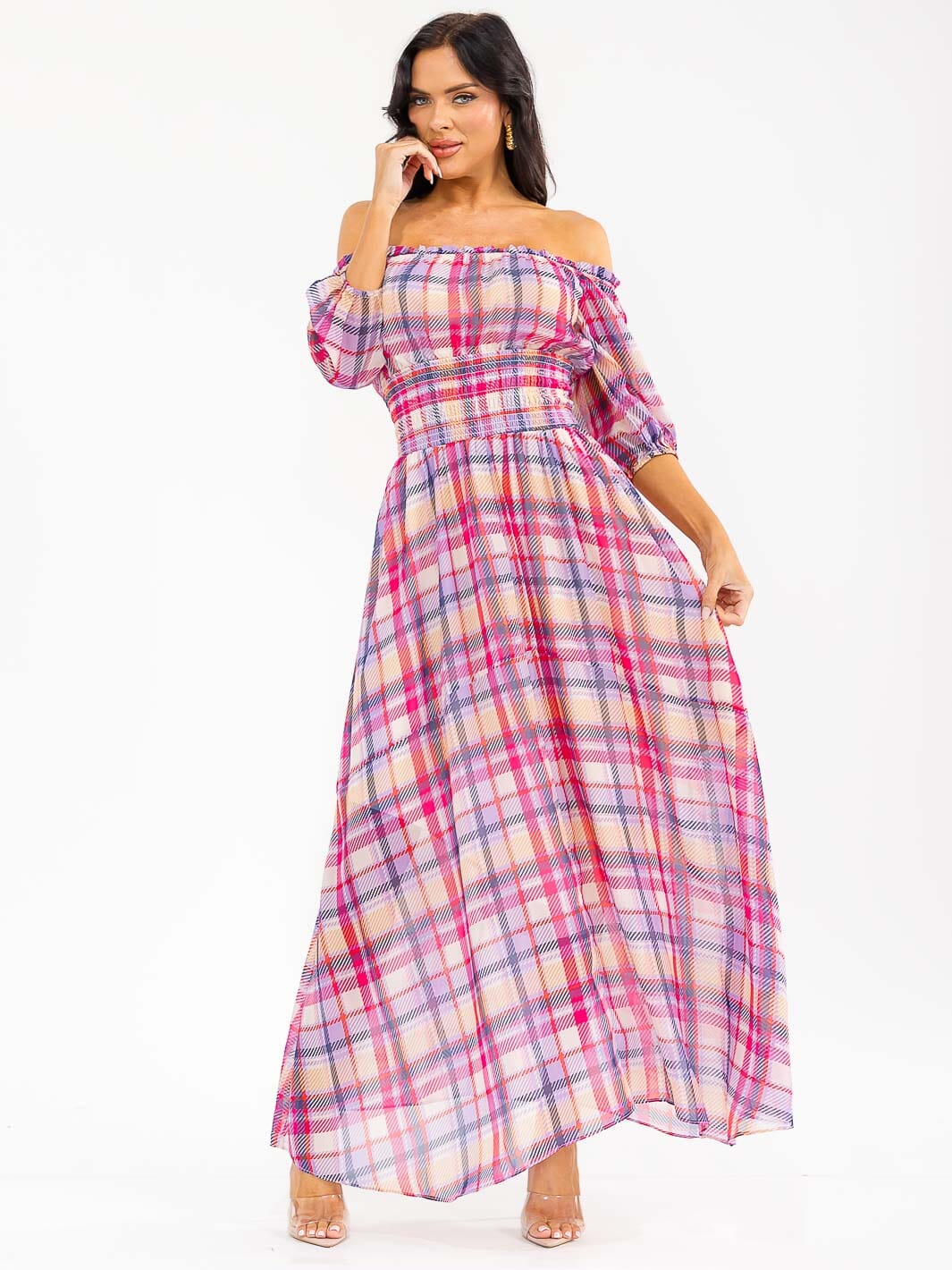 Women’s Short Puff Sleeve Smocked Waist Plaid Maxi Dress