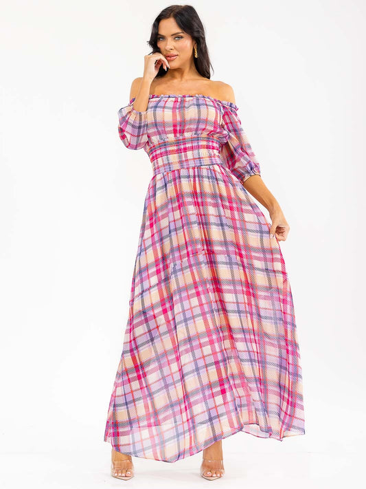 Women’s Short Puff Sleeve Smocked Waist Plaid Maxi Dress