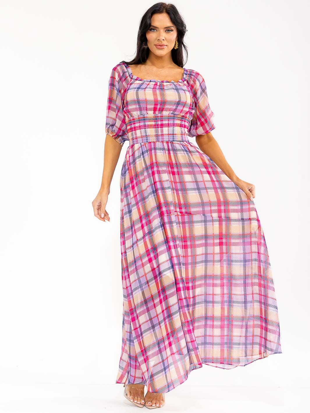 Women’s Short Puff Sleeve Smocked Waist Plaid Maxi Dress