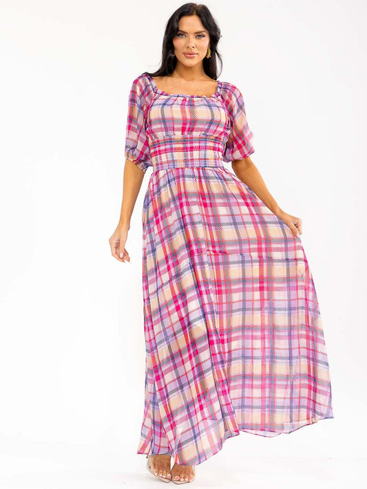 Women’s Short Puff Sleeve Smocked Waist Plaid Maxi Dress