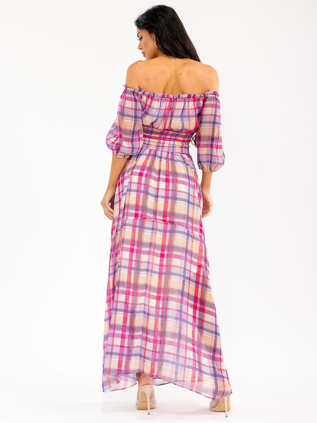 Women’s Short Puff Sleeve Smocked Waist Plaid Maxi Dress