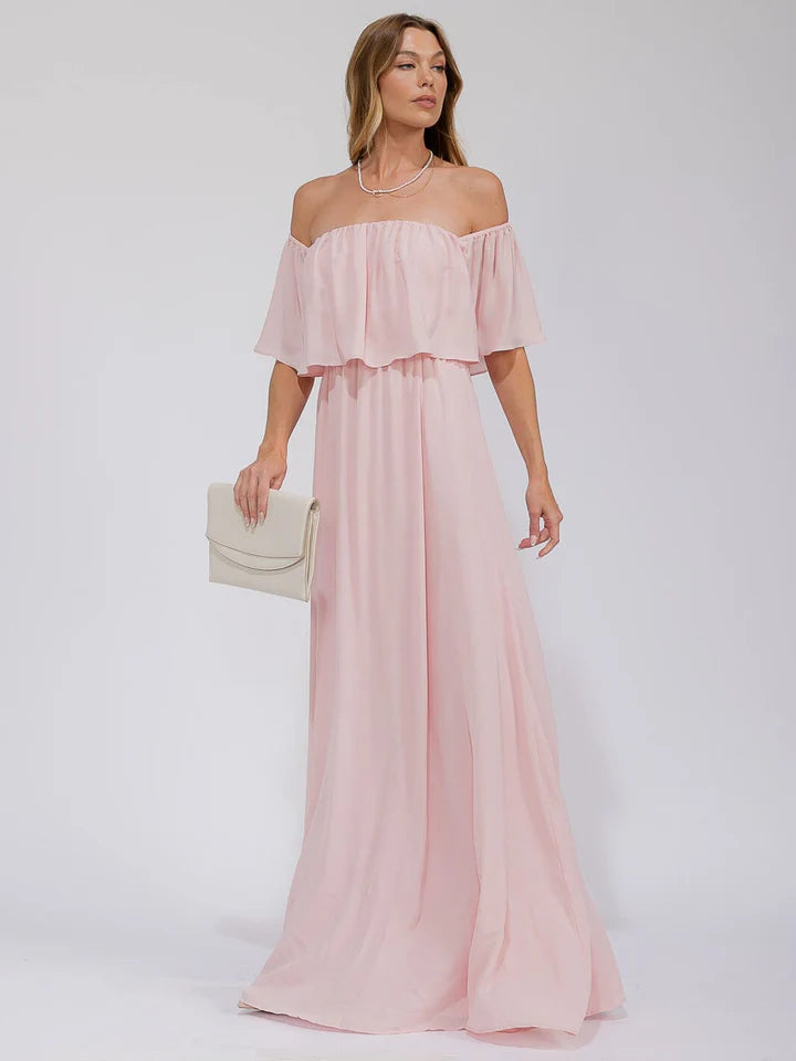 Women's Short Sleeve Off Shoulder Elastic Waist Maxi Gown Dress