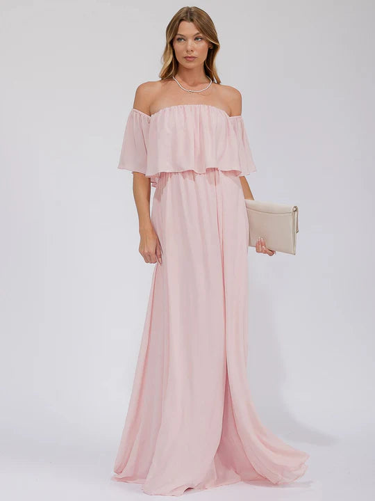 Women's Short Sleeve Off Shoulder Elastic Waist Maxi Gown Dress