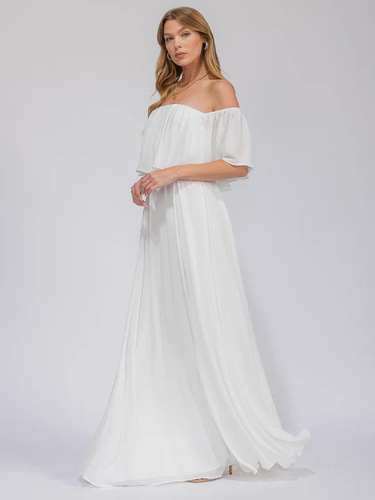 Women's Short Sleeve Off Shoulder Elastic Waist Maxi Gown Dress