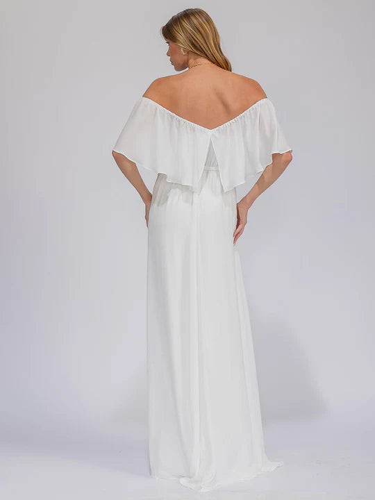 Women's Short Sleeve Off Shoulder Elastic Waist Maxi Gown Dress