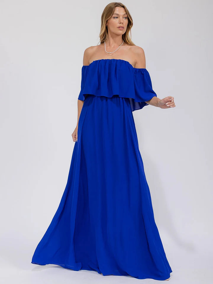Women's Short Sleeve Off Shoulder Elastic Waist Maxi Gown Dress