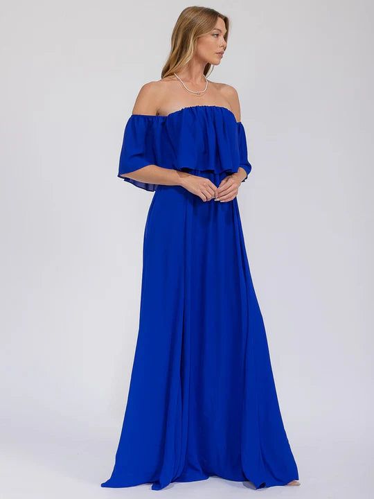 Women's Short Sleeve Off Shoulder Elastic Waist Maxi Gown Dress