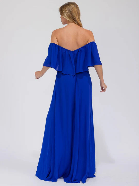 Women's Short Sleeve Off Shoulder Elastic Waist Maxi Gown Dress