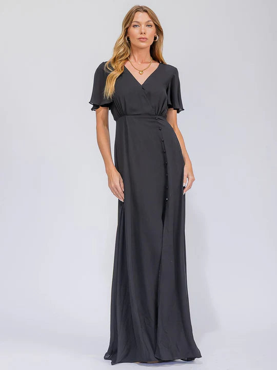 Women's Short Sleeve Surplice Front Slit Maxi Gown Dress