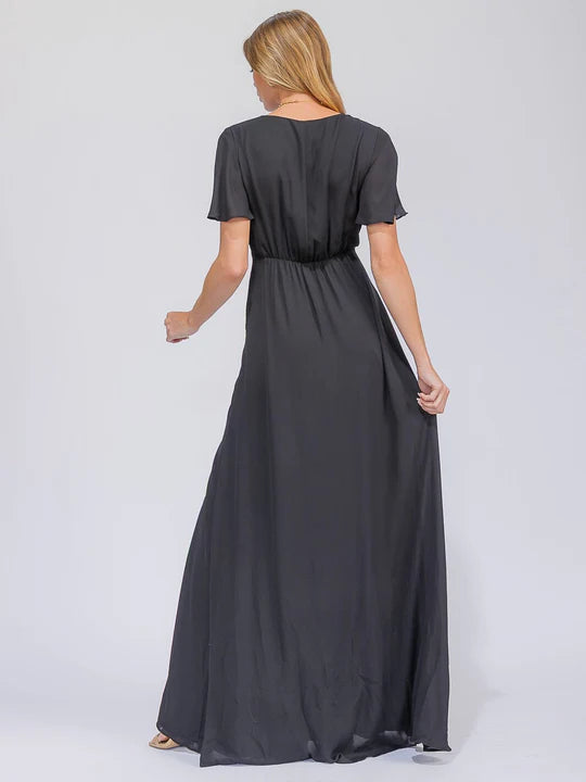 Women's Short Sleeve Surplice Front Slit Maxi Gown Dress