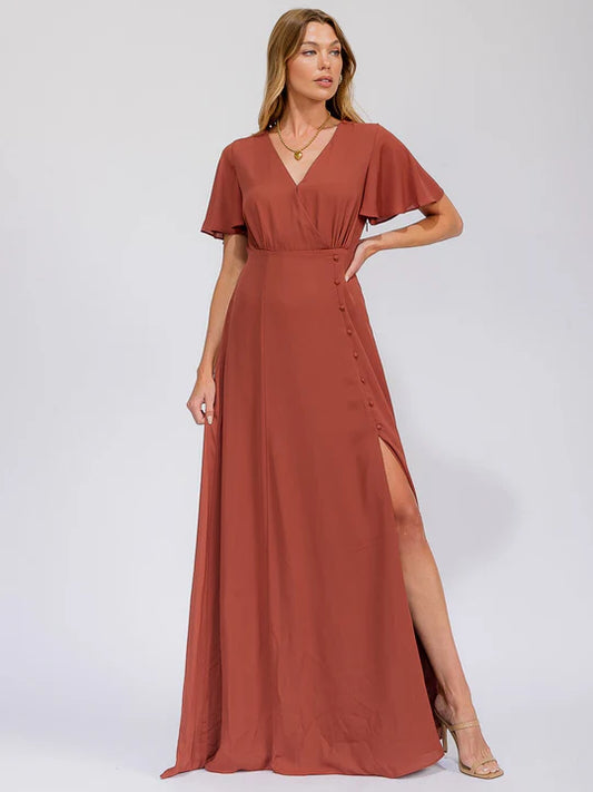 Women's Short Sleeve Surplice Front Slit Maxi Gown Dress