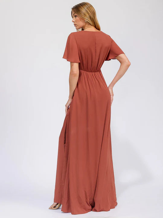 Women's Short Sleeve Surplice Front Slit Maxi Gown Dress
