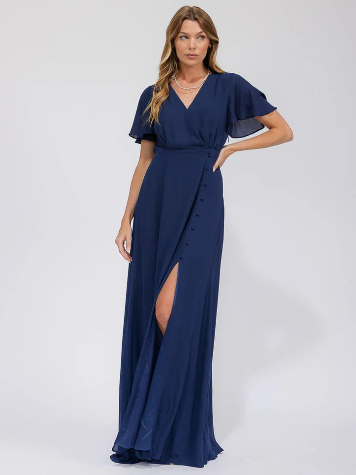 Women's Short Sleeve Surplice Front Slit Maxi Gown Dress