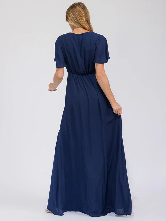 Women's Short Sleeve Surplice Front Slit Maxi Gown Dress