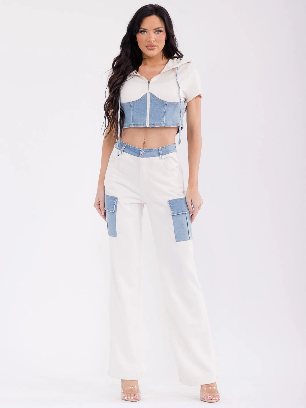 Women's Button Closure Pants Denim Contrast