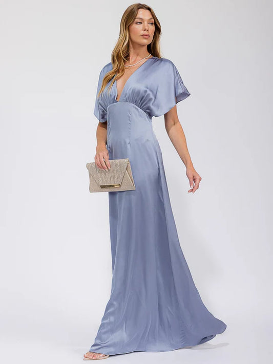 Women's Short Sleeve V-neck Back Cut Out Maxi Gown Dress