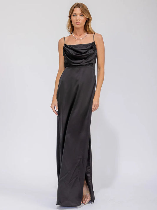 Women's Sleeveless Cowl Neck Side Slit Maxi Gown Dress