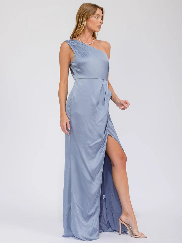Women's Sleeveless One Shoulder Surplice Front Slit Maxi Gown Dress